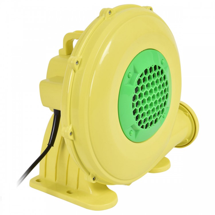Side view of the yellow 480W air blower pump fan with a green grille, designed for inflating bounce houses and water.