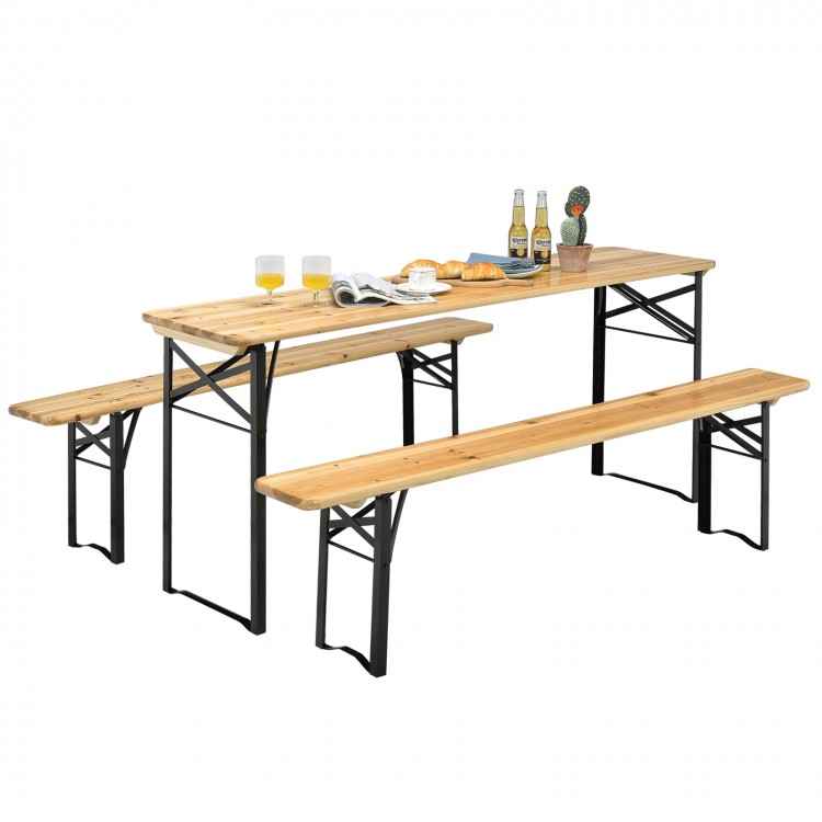 Folding wooden picnic table and bench set with natural wood grain, sturdy steel frame, perfect for indoor and outdoor.