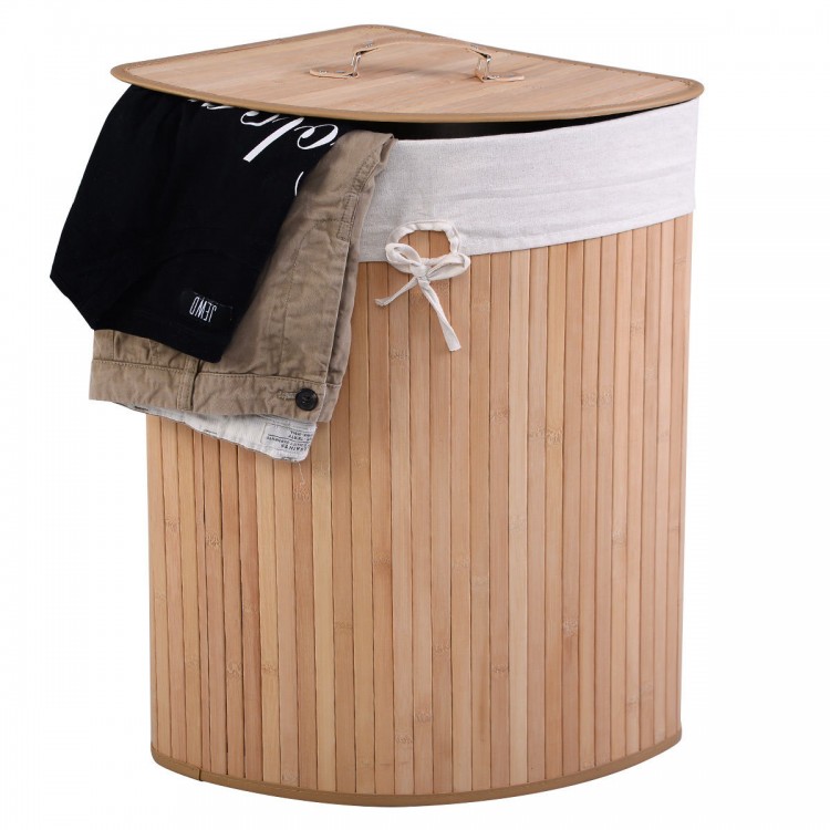 Bamboo laundry hamper with a thick lid, PU leather handles, and a removable liner for odor control and easy transport.