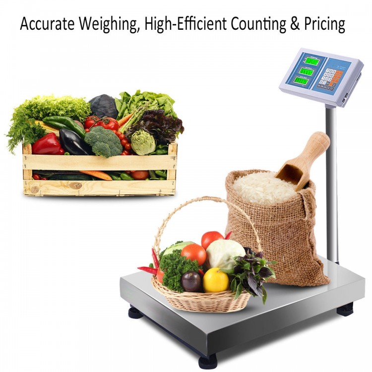 Digital floor platform scale with stainless steel surface, ideal for weighing produce and packages up to 660 lbs.