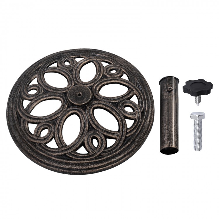 Round 23-lbs umbrella base stand in classic bronze with petal pattern, designed for stability and easy installation.