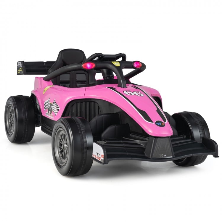 Pink 12V kids ride-on electric Formula racing car with remote control, featuring racing lights and shock-absorbing.