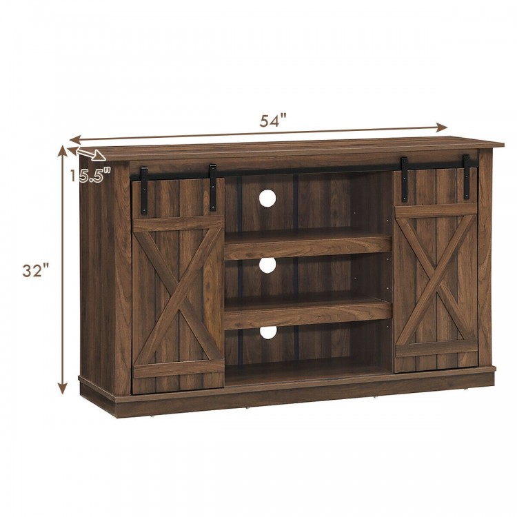 Sliding barn TV stand console in brown with sliding doors, accommodating TVs up to 60", ideal for rustic decor.