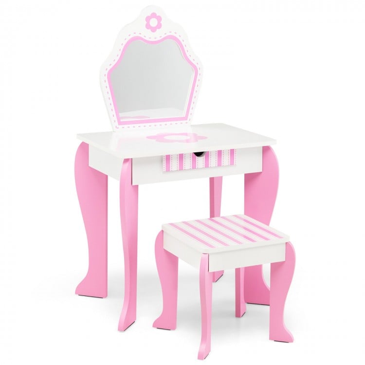 Toddler vanity set with detachable mirror, pink legs, and flower patterns, perfect for children's makeup and play.