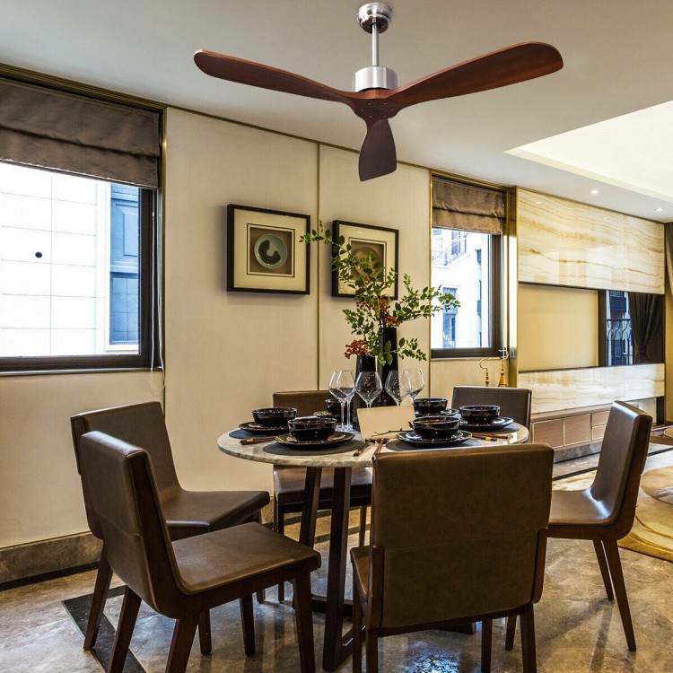 52-inch modern ceiling fan with brushed nickel finish and solid wood blades, ideal for dining room air circulation.
