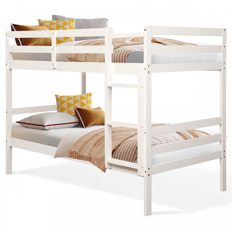 Twin wooden bunk bed in white with guardrails and wide ladder, perfect for space-saving in children's rooms.