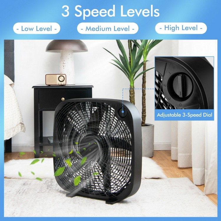 20-inch black box fan with 3-speed settings and knob control, perfect for home or office cooling.