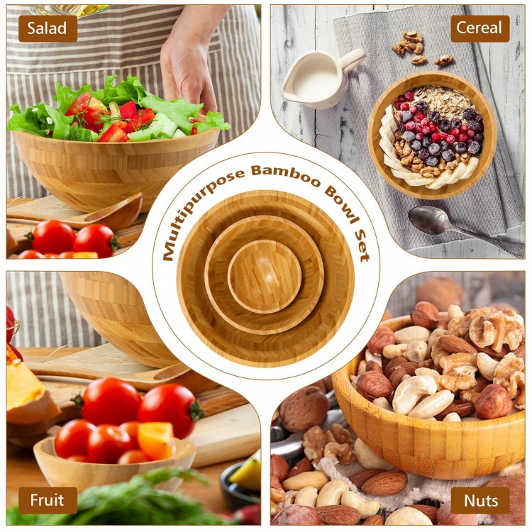 Bamboo salad bowl set featuring three sizes, ideal for serving salad, fruits, nuts, and snacks for any occasion.