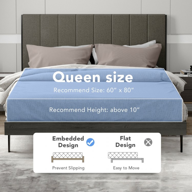 Queen size upholstered bed frame with tufted headboard, featuring solid wooden slats and under-bed storage for a tidy.