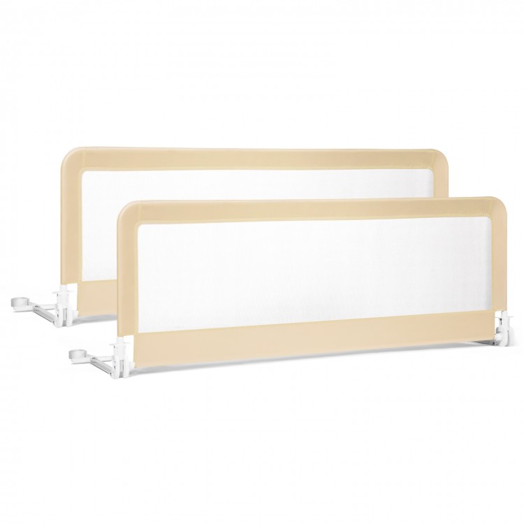 Beige 59-inch extra long folding bed rail guard with breathable mesh, designed for secure sleep on various bed sizes.