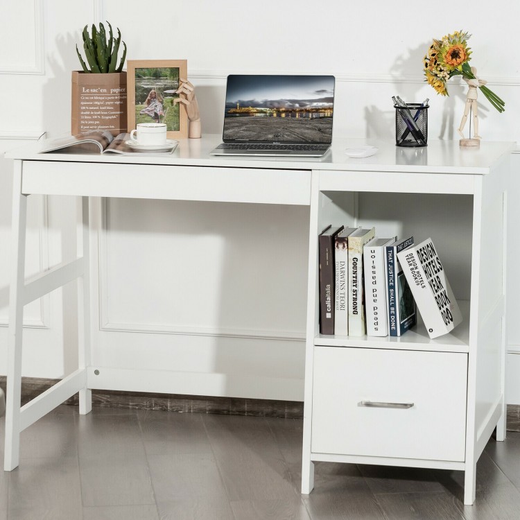 Modern white computer desk featuring a side view with a shelf and decorative items, perfect for stylish organization.