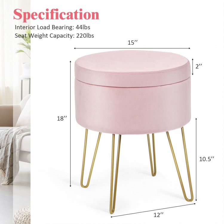 Round pink velvet storage ottoman with gold metal legs, featuring a soft surface and interior storage for versatile use.