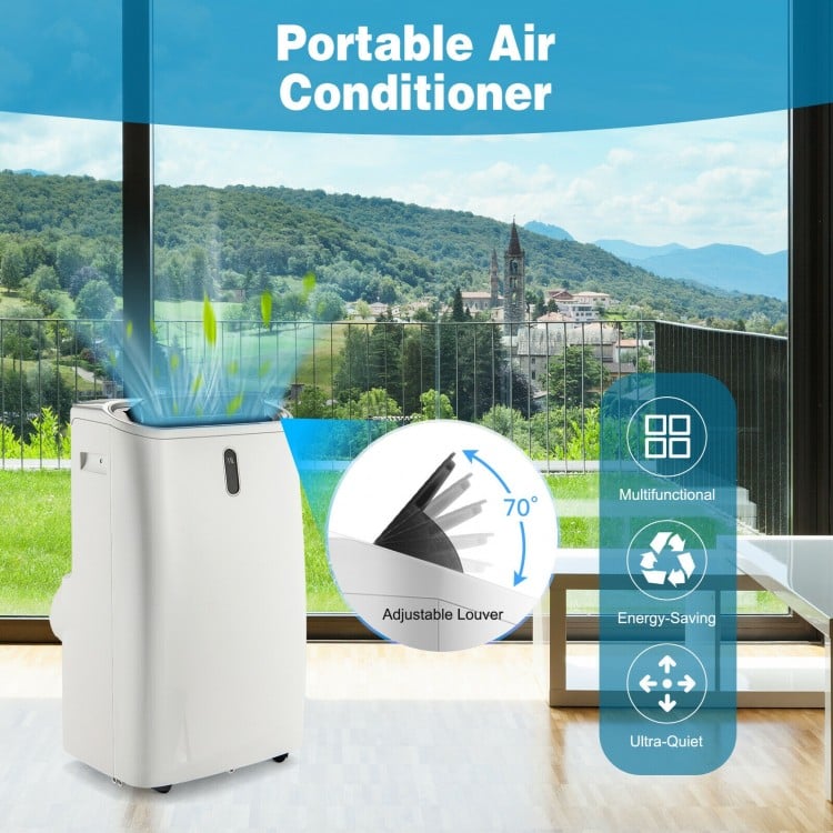 Portable 12000 BTU air conditioner with adjustable louver, 70° oscillation, and multifunctional modes for year-round.