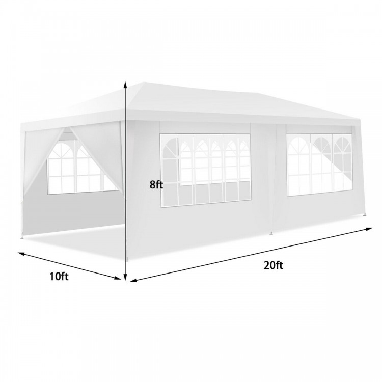 10x20 feet white canopy tent with 6 sidewalls, featuring windows and doors, ideal for outdoor events and gatherings.