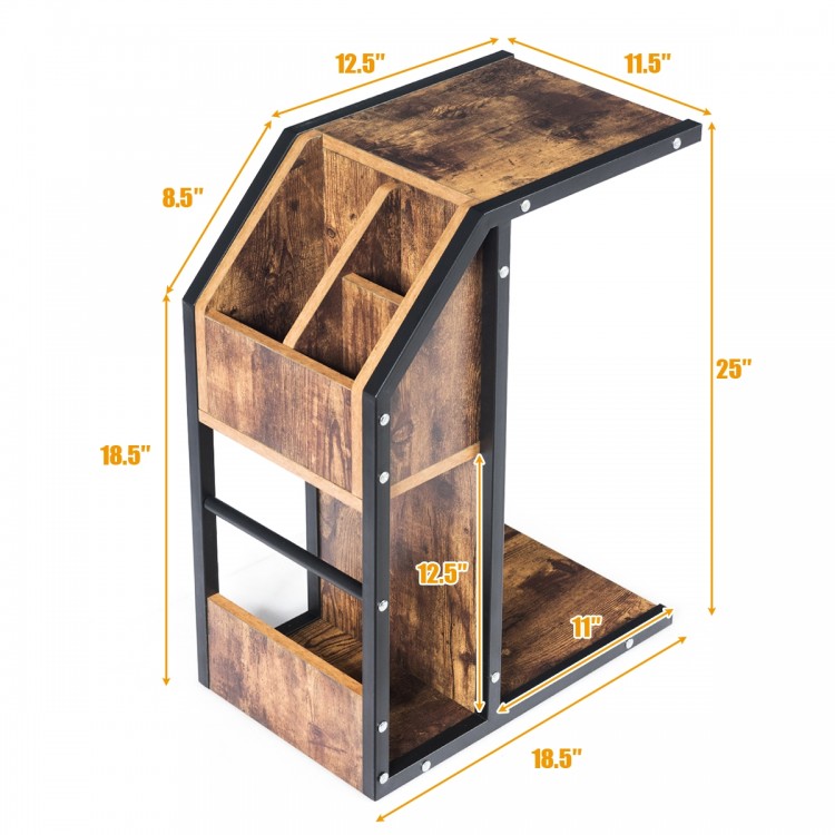 C-Shape snack end table with storage compartments, made of particle board and metal frame, ideal for living room.