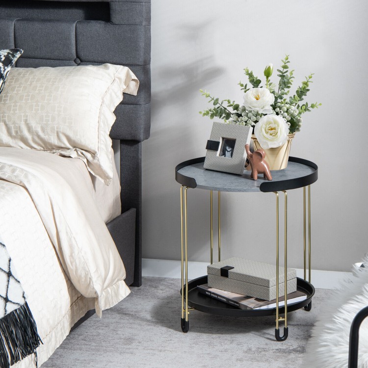 Round side table with removable tray, grey dolomite top, and golden metal frame, perfect for small spaces or as a.