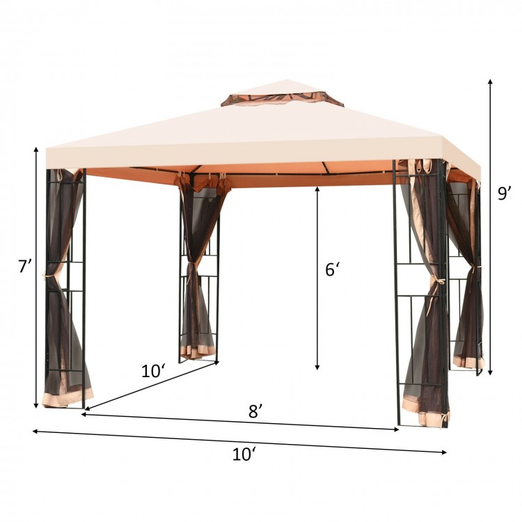 10x10 feet 2-tier vented metal canopy with mosquito netting, featuring a light brown polyester top for outdoor events.