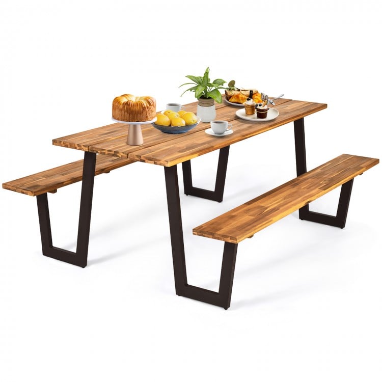 70-inch dining table set made of acacia wood with metal frame, perfect for outdoor use in backyard or garden.