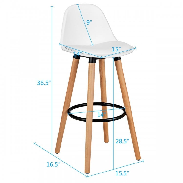 Mid-century barstool with white PU leather seat, beech wood legs, and metal footrest, ideal for dining or home bar use.
