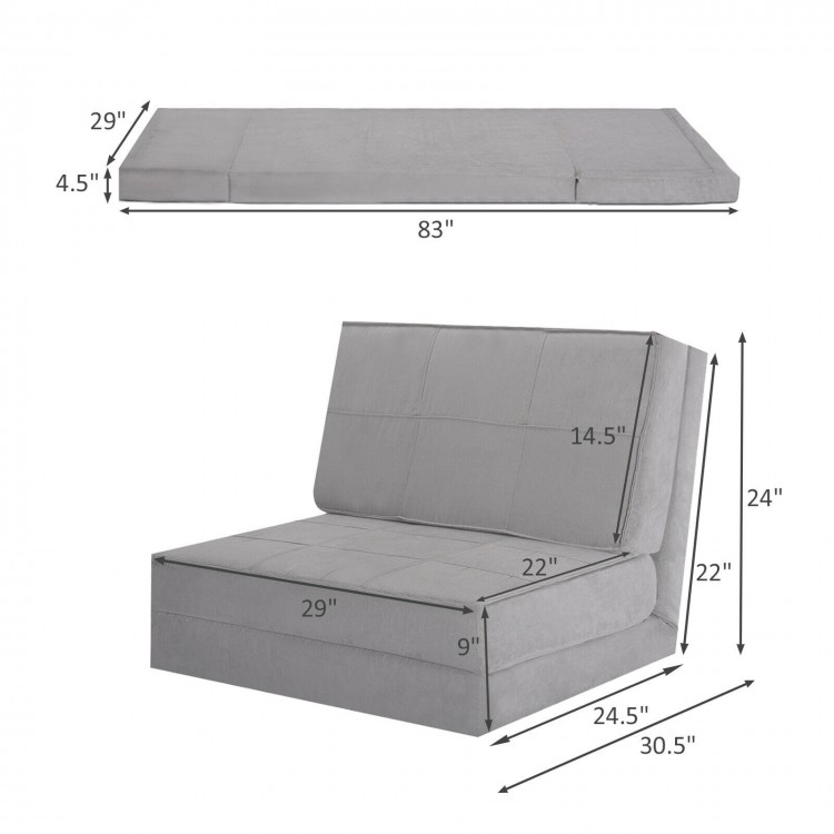 Convertible gray lounger sofa sleeper bed with 5 adjustable positions, perfect for small spaces and versatile use.