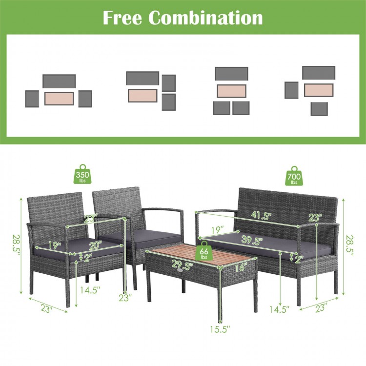 4-piece rattan patio conversation set featuring 2 single sofas, a loveseat, and an acacia wood tabletop for outdoor use.