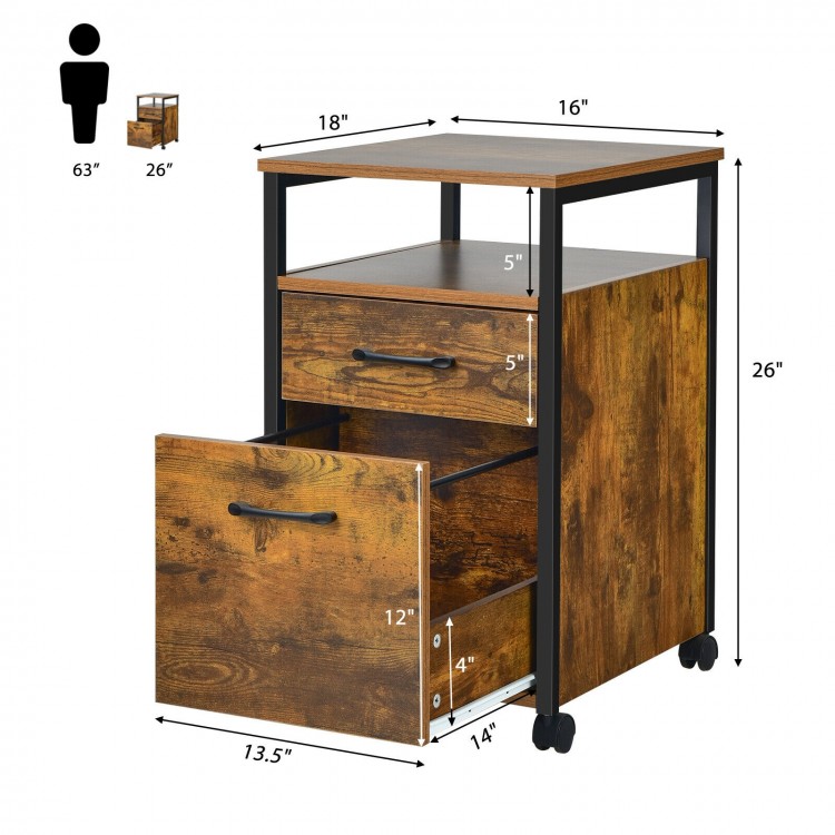 Mobile file cabinet in rustic brown with 2 drawers, open shelf, and rolling casters for versatile office storage.