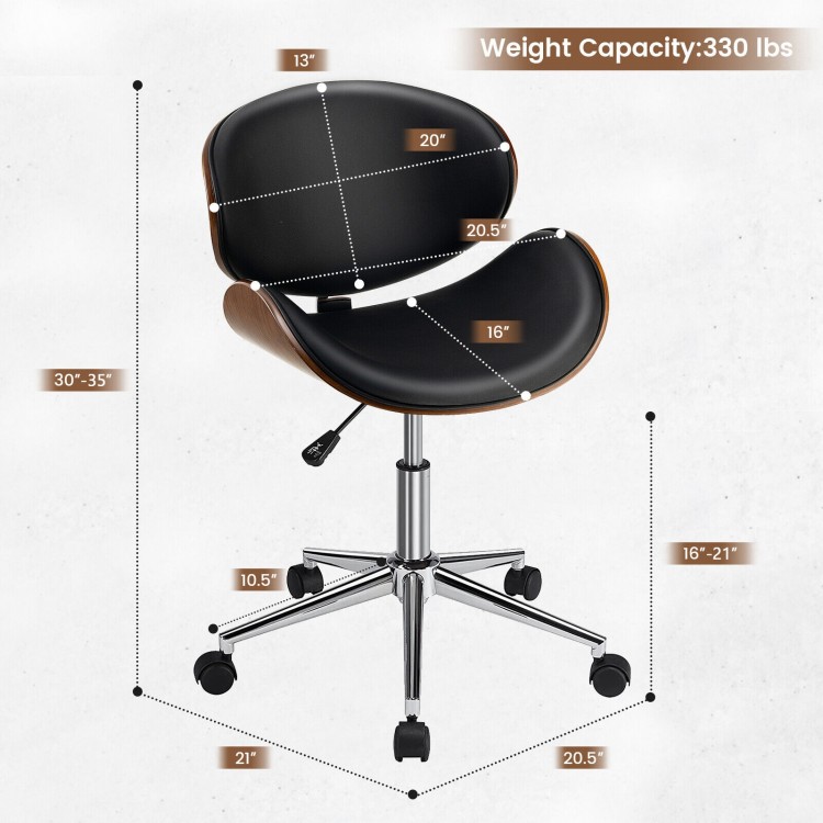 Adjustable black leather office chair with curved seat, bentwood design, and 360° swivel for versatile use.