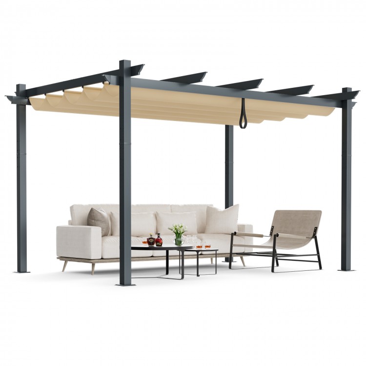 Outdoor aluminum pergola with retractable beige canopy, perfect for BBQs and gatherings in garden or poolside.