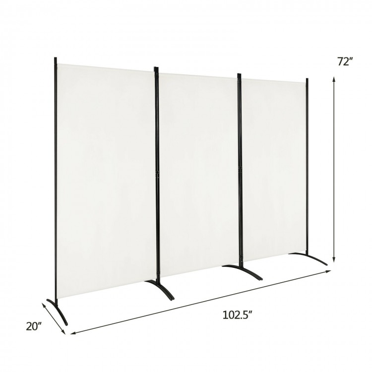 Three-panel folding privacy partition screen in white, made of polyester fabric and steel, ideal for office or home use.