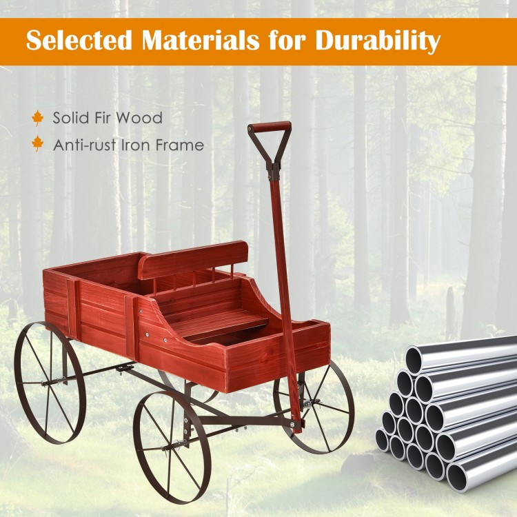 Wooden wagon plant bed in red with metal wheels, made of fir wood for durability, perfect for garden and patio use.