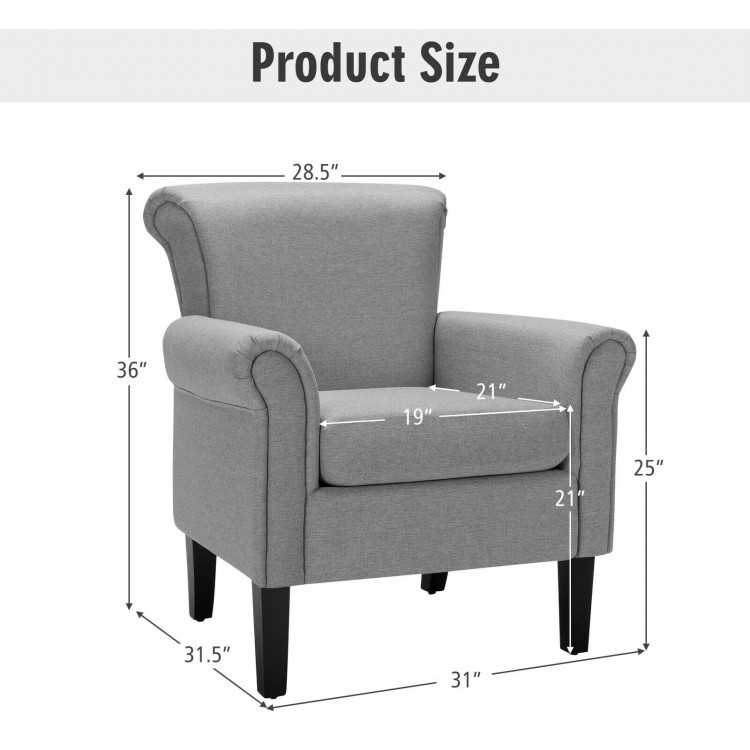 Light gray upholstered accent chair with rubber wood legs, adjustable foot pads, and ergonomic design for comfort.