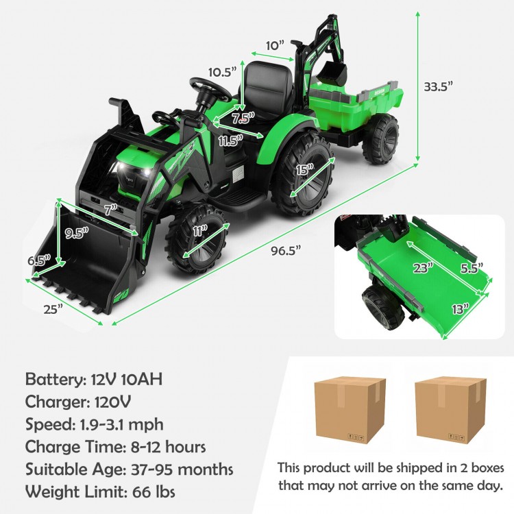 Kids ride-on excavator in green with shovel bucket and trailer, featuring 12V battery for outdoor fun and safety.