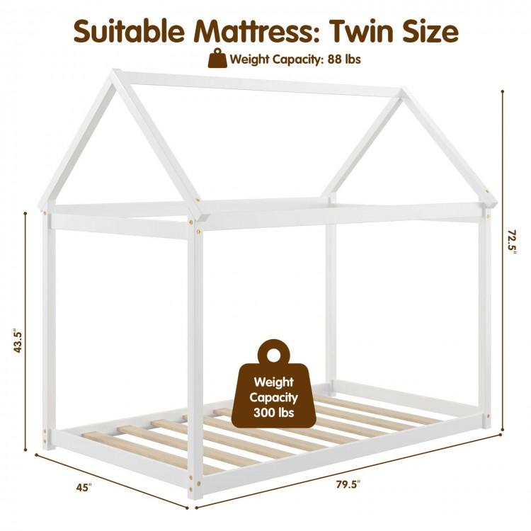 Stable kids platform floor bed with roof in white, featuring heavy-duty slats and a weight capacity of 300 lbs.
