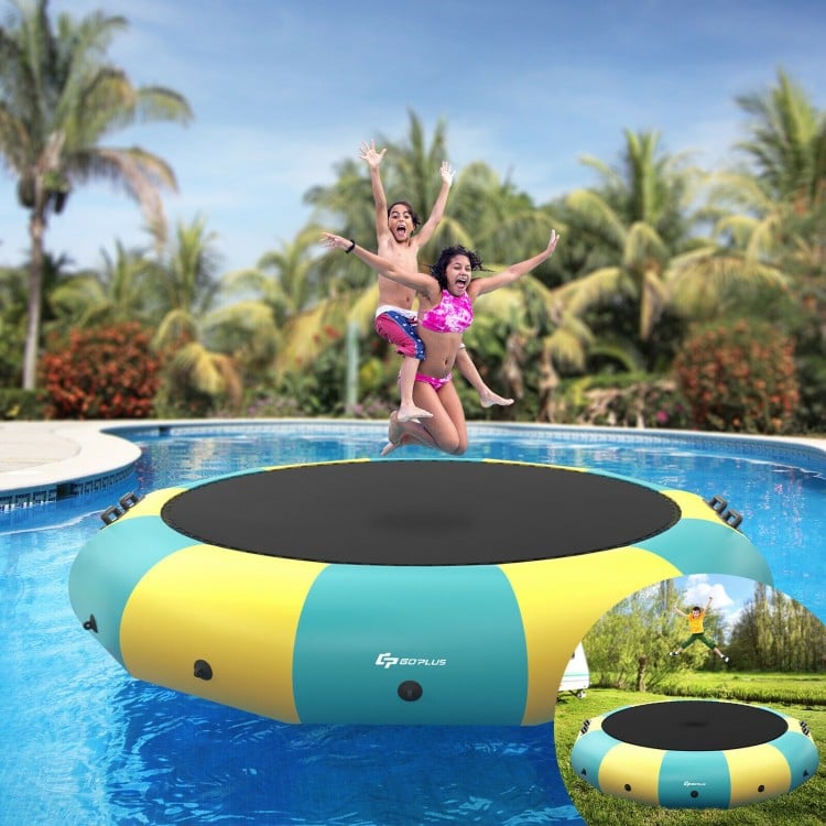 Inflatable 15 feet water bouncer trampoline in yellow, ideal for water sports and fun, with a large bouncing area.