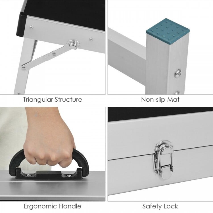 Close-up of the ergonomic handle and safety lock on the foldable cornhole set, designed for easy transport and.