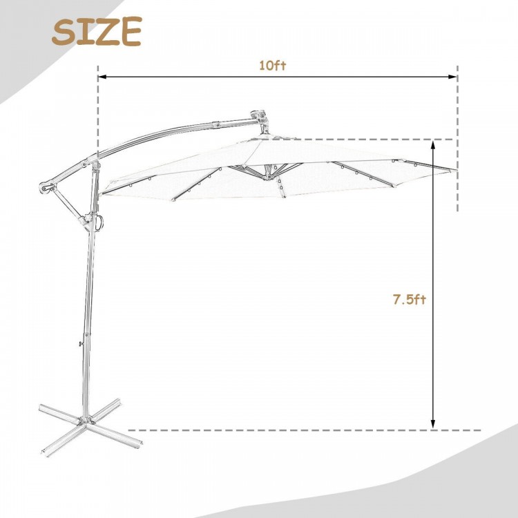 10 ft solar-powered LED patio offset umbrella with 360° rotation, beige weather-resistant fabric and aluminum rod.