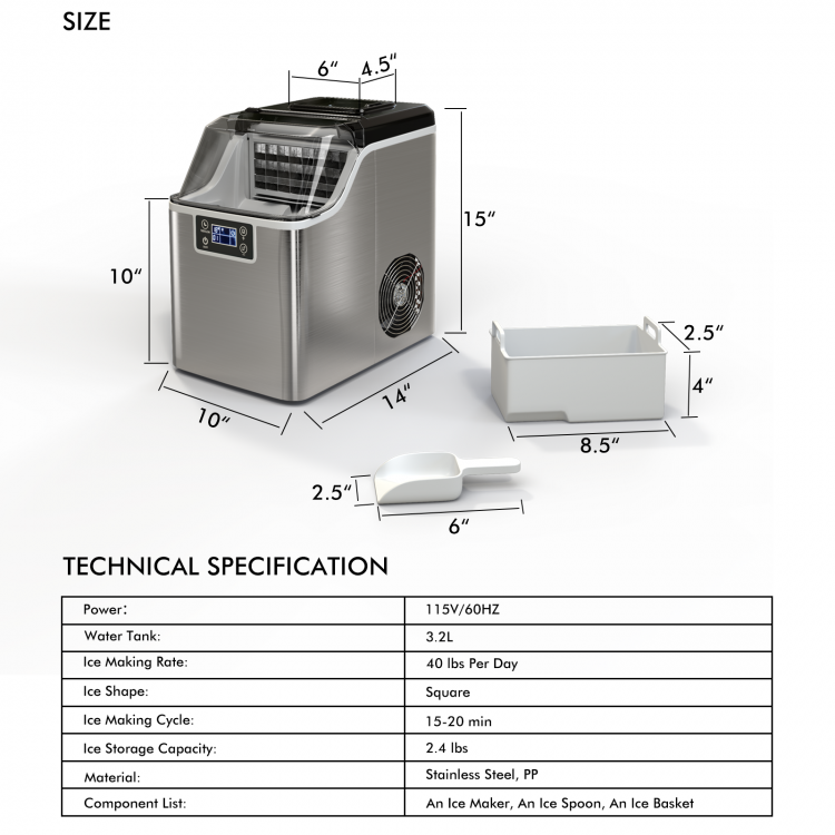 Electric portable countertop ice maker in silver, producing 40 LBS of square ice daily, perfect for kitchen use.