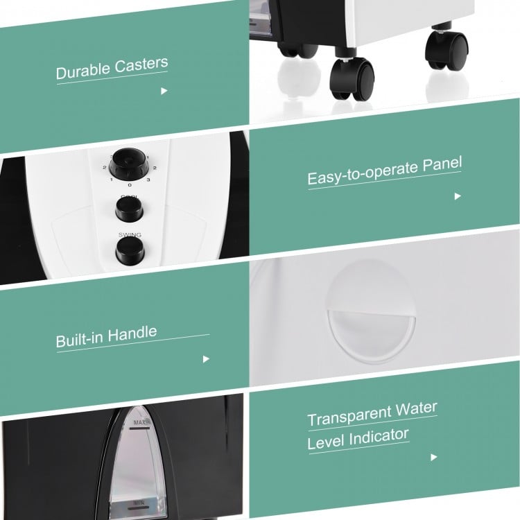 Close-up of the control panel of a 3-in-1 portable evaporative air cooler with easy-to-operate knobs and buttons.