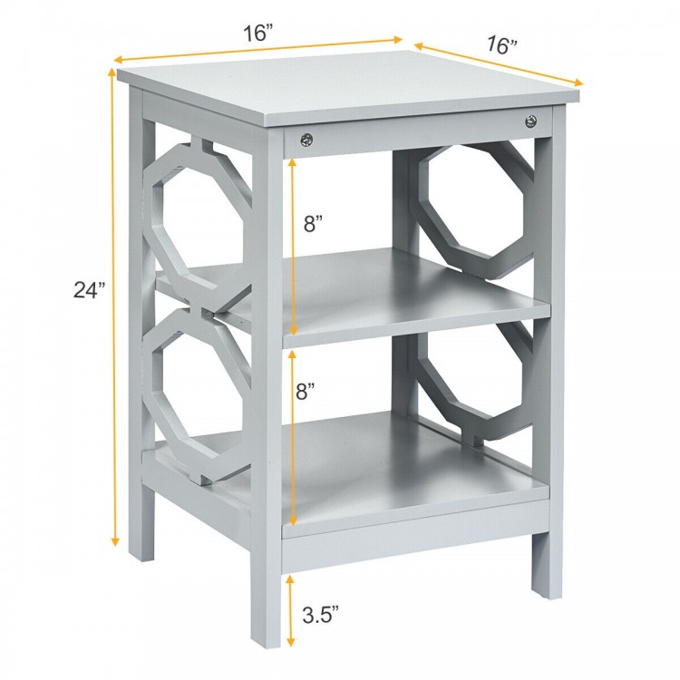 Gray 3-tier nightstand with two open compartments, perfect for living room or bedroom storage and display.