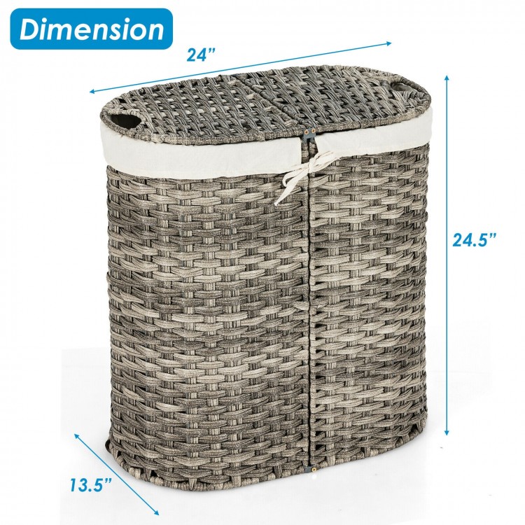 Handwoven gray laundry hamper basket with two removable liner bags, featuring a lift-up lid and cut-out handles for.
