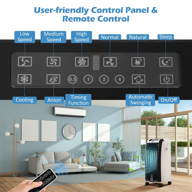 User-friendly control panel of the Portable Evaporative Air Cooler with remote control for customizable cooling options.