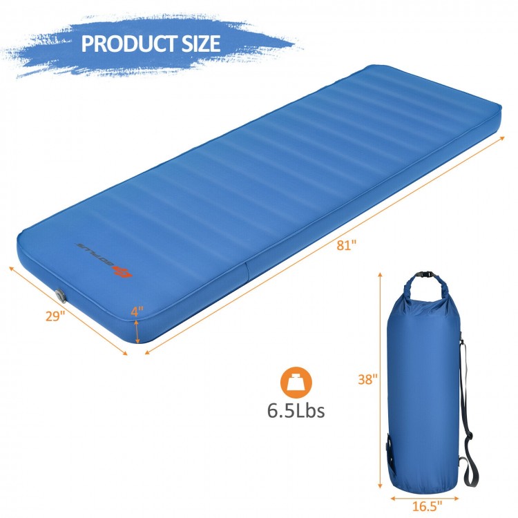 Self-inflating blue camping sleeping mattress with carrying bag, 81" long, waterproof TPU material for outdoor use.