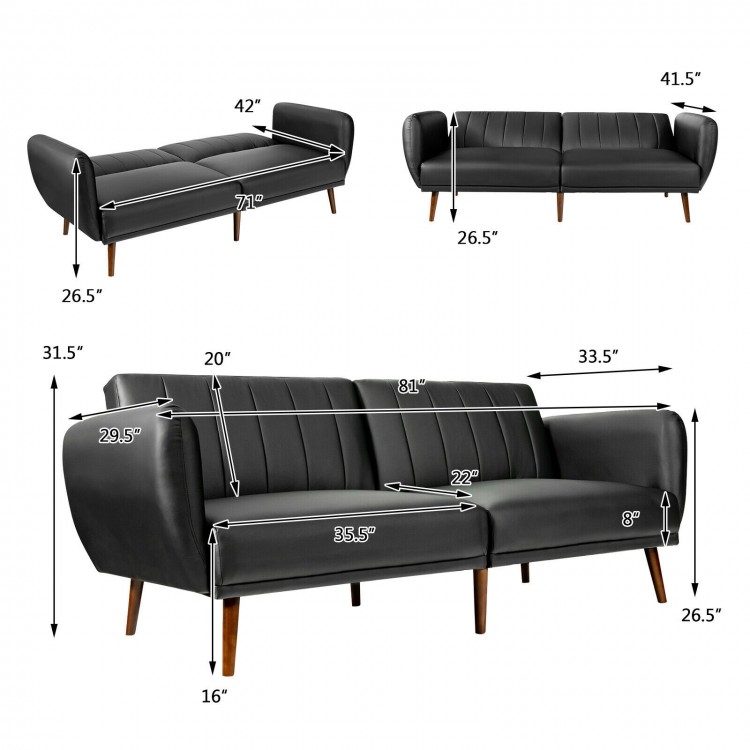 Black 3 seat convertible sofa bed with adjustable backrest, ergonomic design, ideal for small apartments and versatile.