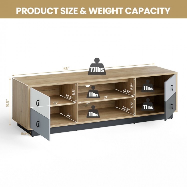 Dimensions and weight capacity of the Modern 55 Inch TV Stand with 2 Storage Cabinets for TVs up to 60 Inch.