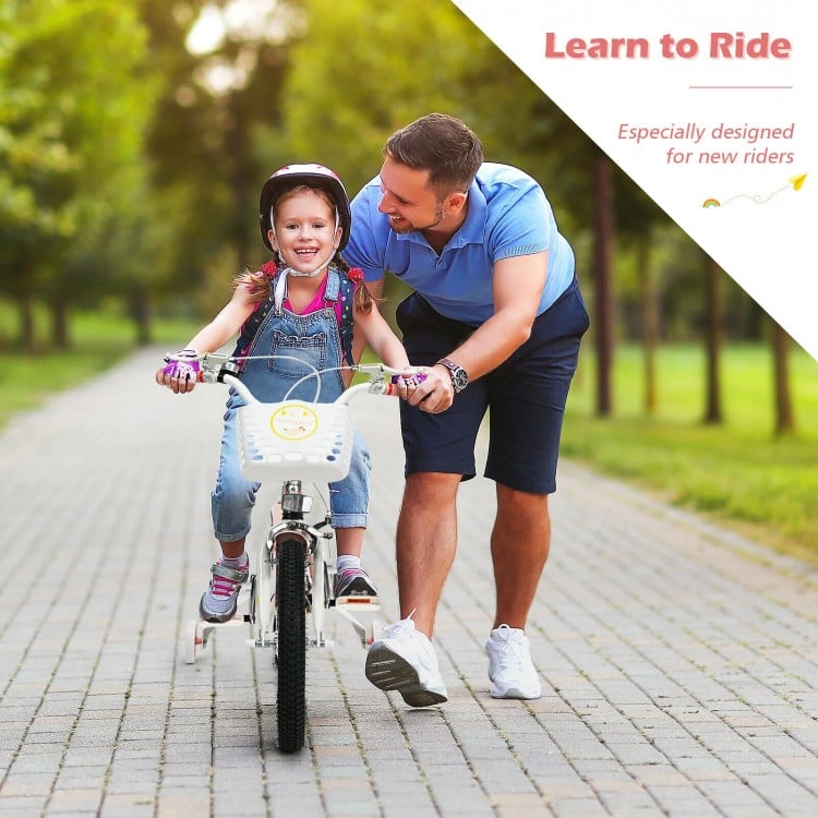 Kids' 18-inch pink bike with training wheels, adjustable seat, and sturdy frame, perfect for new riders learning.