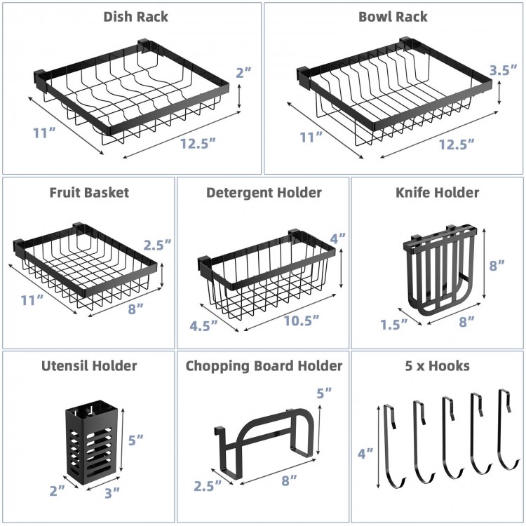 2-tier adjustable over sink dish drying rack with 4 baskets, knife holder, and 5 hooks for efficient kitchen storage.