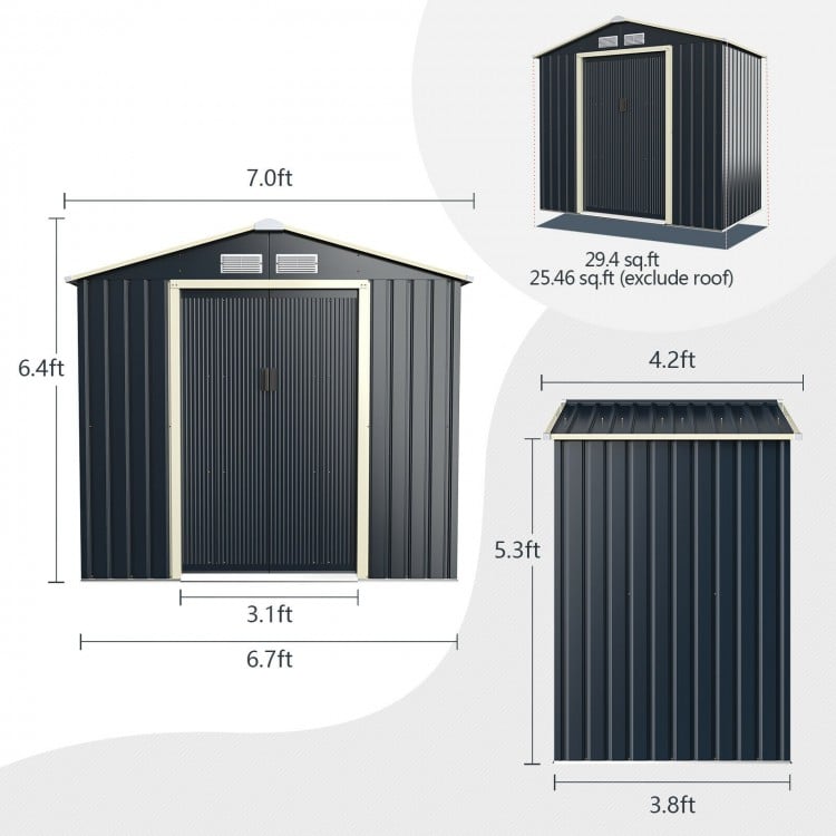 Metal storage shed measuring 7x4 feet with double lockable doors, offering 25.6 sq. ft of storage space for outdoor use.