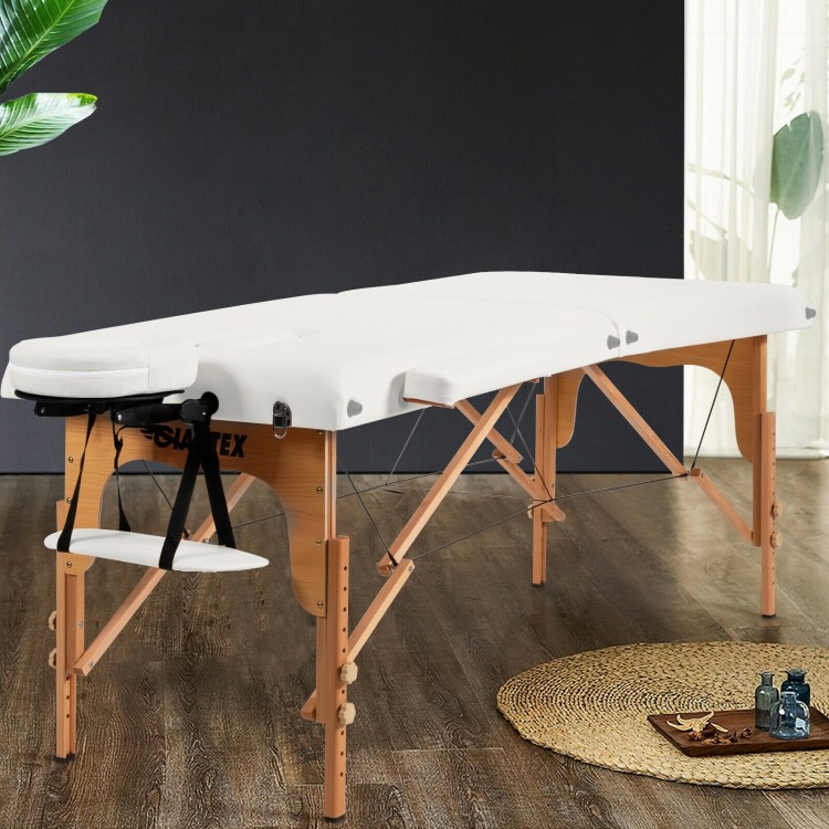 Portable adjustable facial spa bed in white with a sturdy beech frame, ideal for massage and spa treatments.
