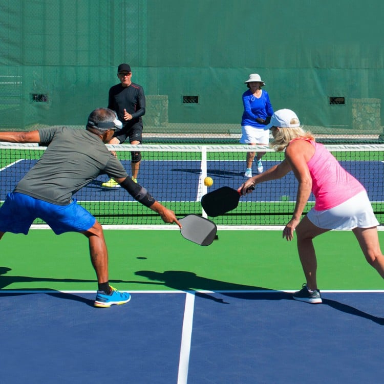 Portable 22 feet pickleball net set in use, featuring a sturdy steel frame and polyester net for indoor and outdoor.