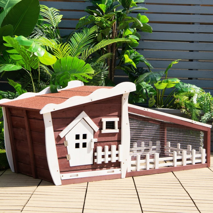 Wooden rabbit hutch with pull-out tray in red, featuring a weather-resistant roof and iron wire for outdoor safety.